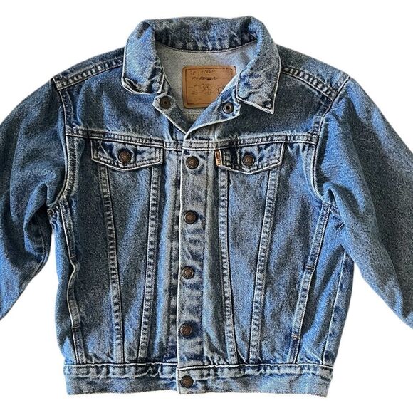 Vintage Levi’s Kids 7 7X Trucker Jacket Blue Denim Jean Orange Tab MADE IN USA - Picture 1 of 13